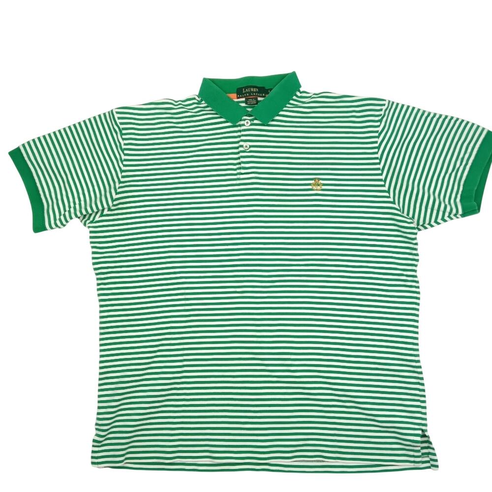 Ralph Lauren Vintage 90's Green and White Striped Polo Men's Large
